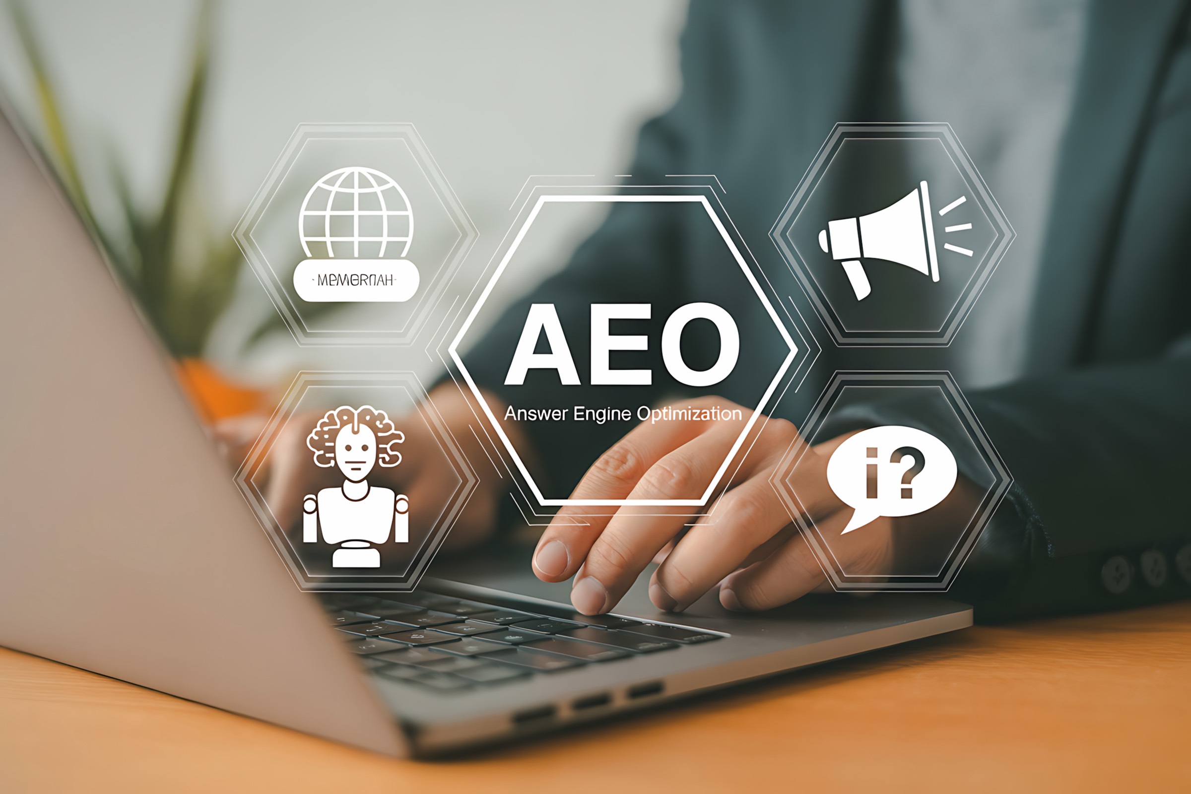 Person typing on a laptop with an Answer Engine Optimization diagram