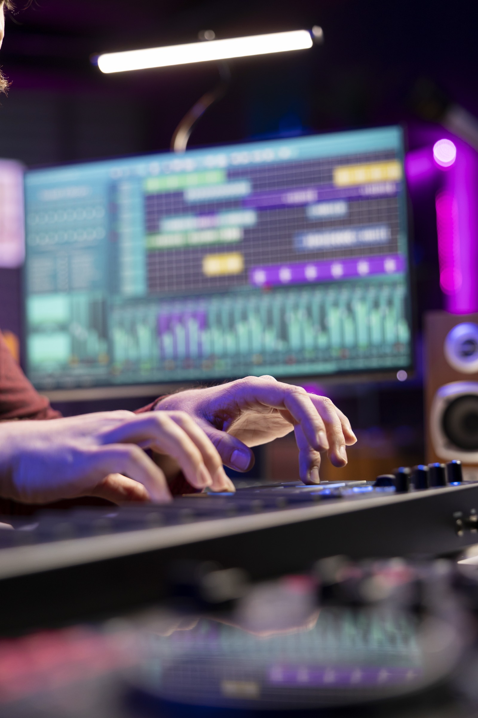 Hands working at a digital studio console